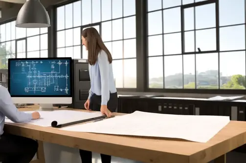 DALL·E 2024-04-02 22.35.50 - Imagine a professional setting within an architect's office, filled with natural light and equipped with a large drafting table. At this table, a cust.webp