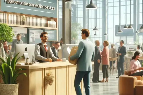 DALL·E 2024-04-02 22.40.50 - A customer walks into a welcoming customer service center, carrying a stack of documents. The scene is bustling with activity, with other customers an.webp