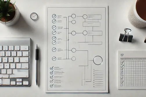 DALL·E 2024-11-12 17.29.43 - A minimalistic and realistic photograph of a professional workspace, showing a simple blank checklist with empty checkboxes and a plain flowchart diag.webp